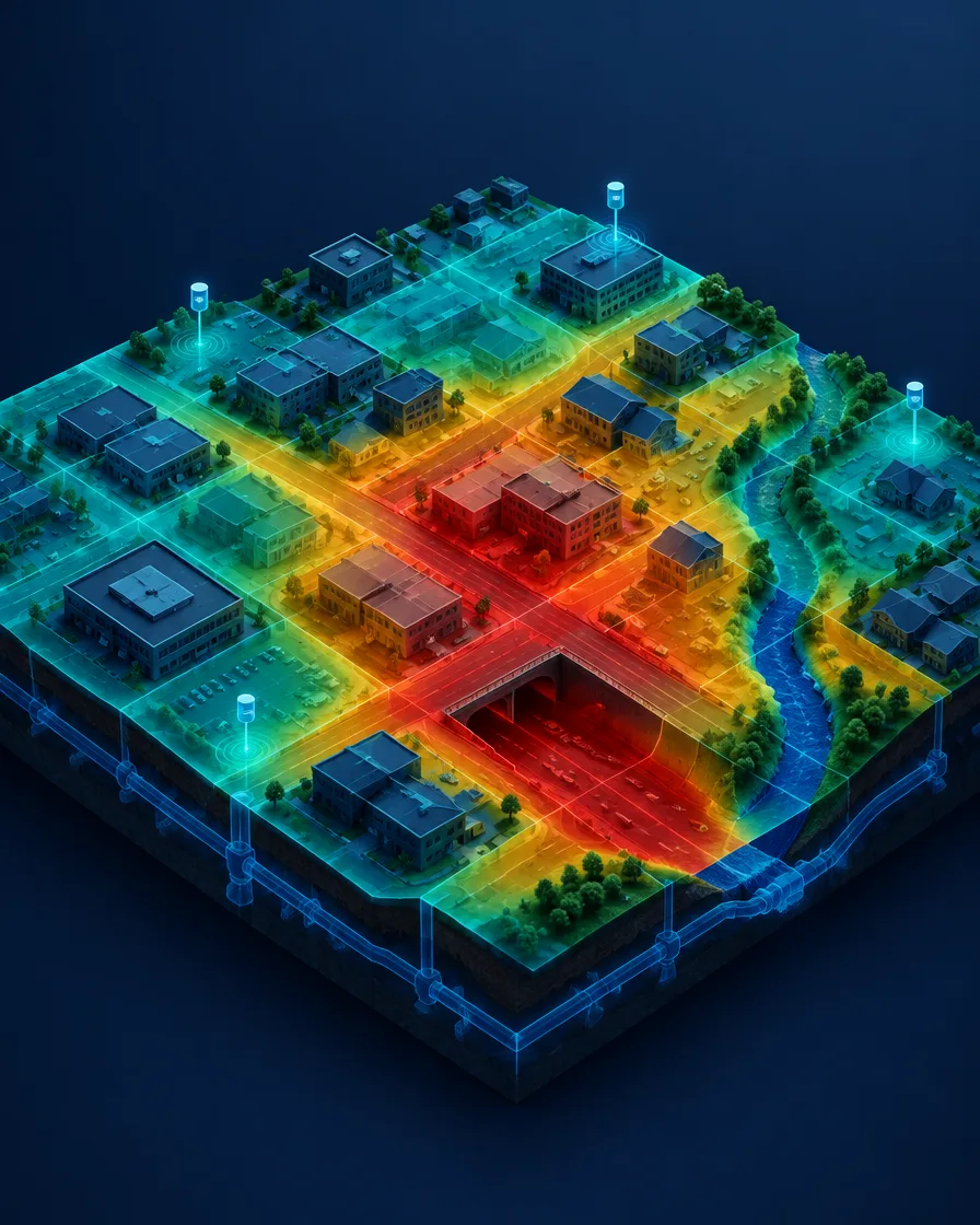 Concept illustration of AI flood risk analysis: a color heatmap of flood risk over a city district, with low roads and an underpass shown in red