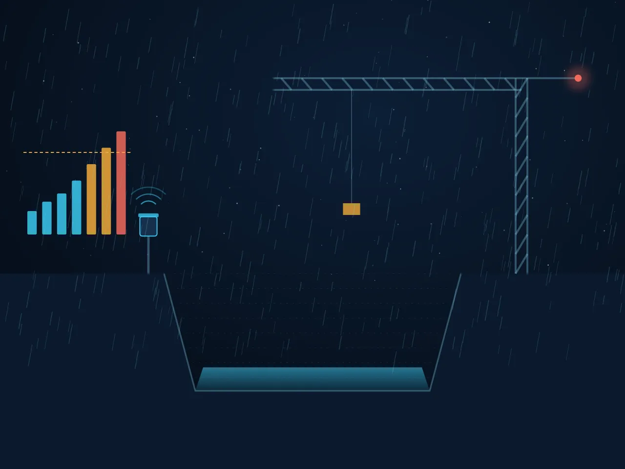 Illustration of an excavation section, a tower crane and cumulative rainfall bars crossing a threshold