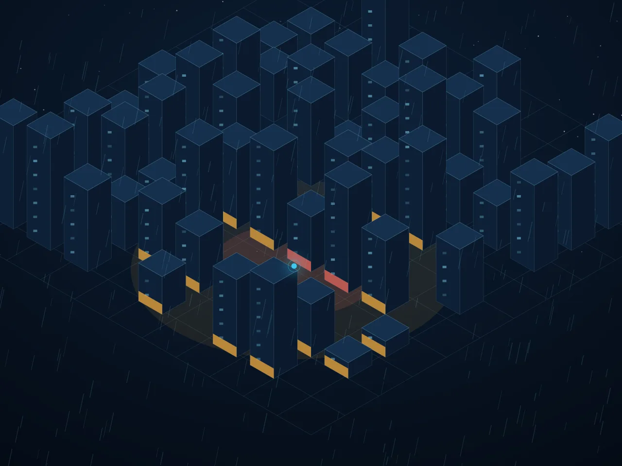 Isometric illustration of city blocks with flood-exposed ground floors highlighted